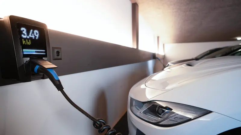 Voiture électrique branchée sur une borne murale à écran